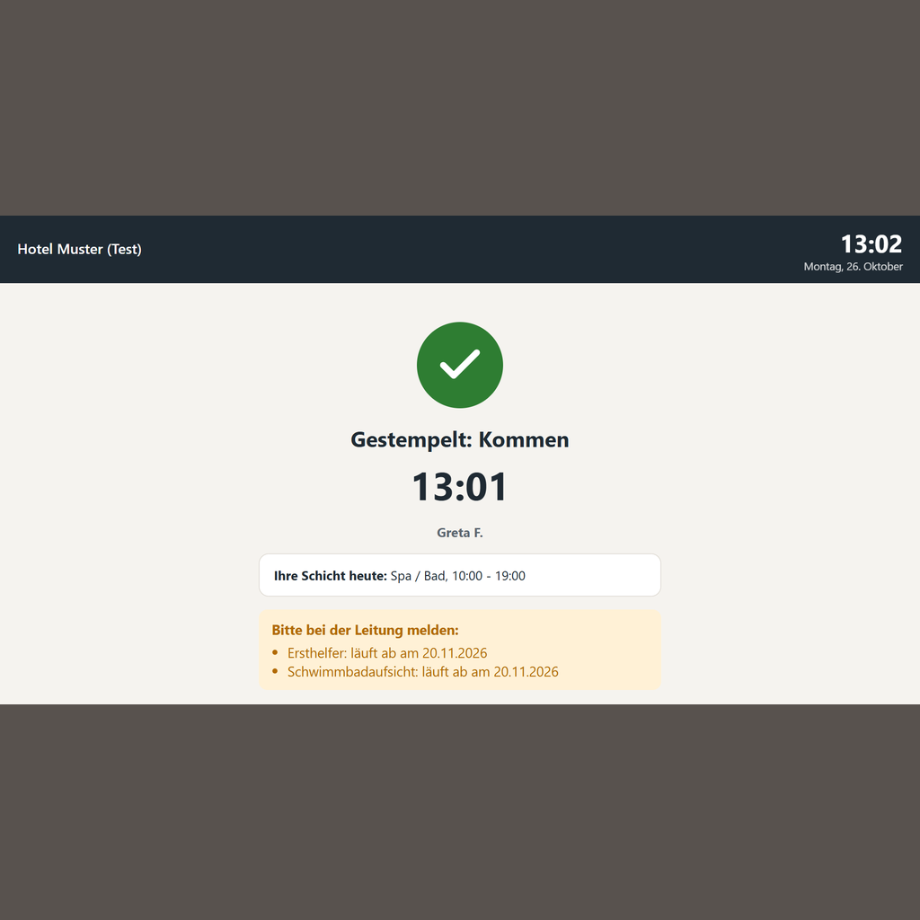 Hotel-Zeit/Schicht: Bestätigung am Tablet nach dem Einstempeln, Testdaten